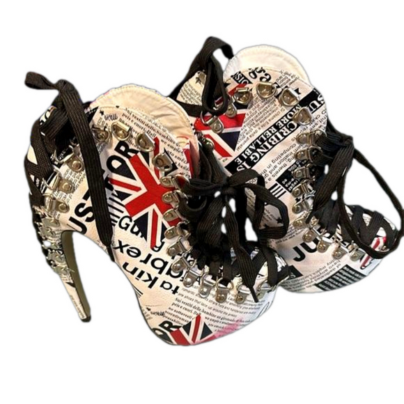 🔥RED KISS "Rocky" Bootie CURVED HEEL British UK Pattern PLATFORM Lace Up URBAN - Picture 5 of 11